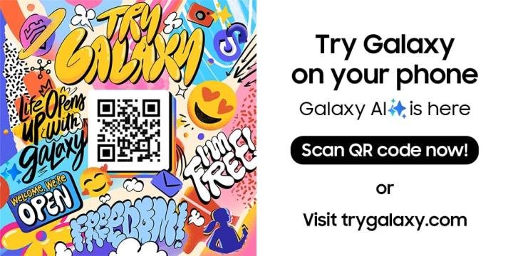 Banner de código QR de la aplicación Pruebe Galaxy de Samsung.