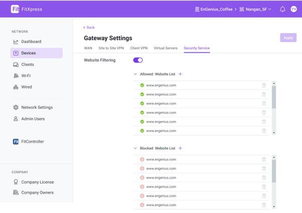 Opciones de filtrado web en EnGenius FIT Gateway