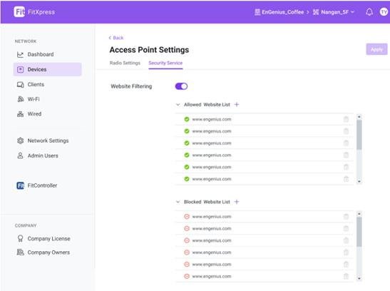 Opciones de EnGenius FIT AP para filtrado de contenidos