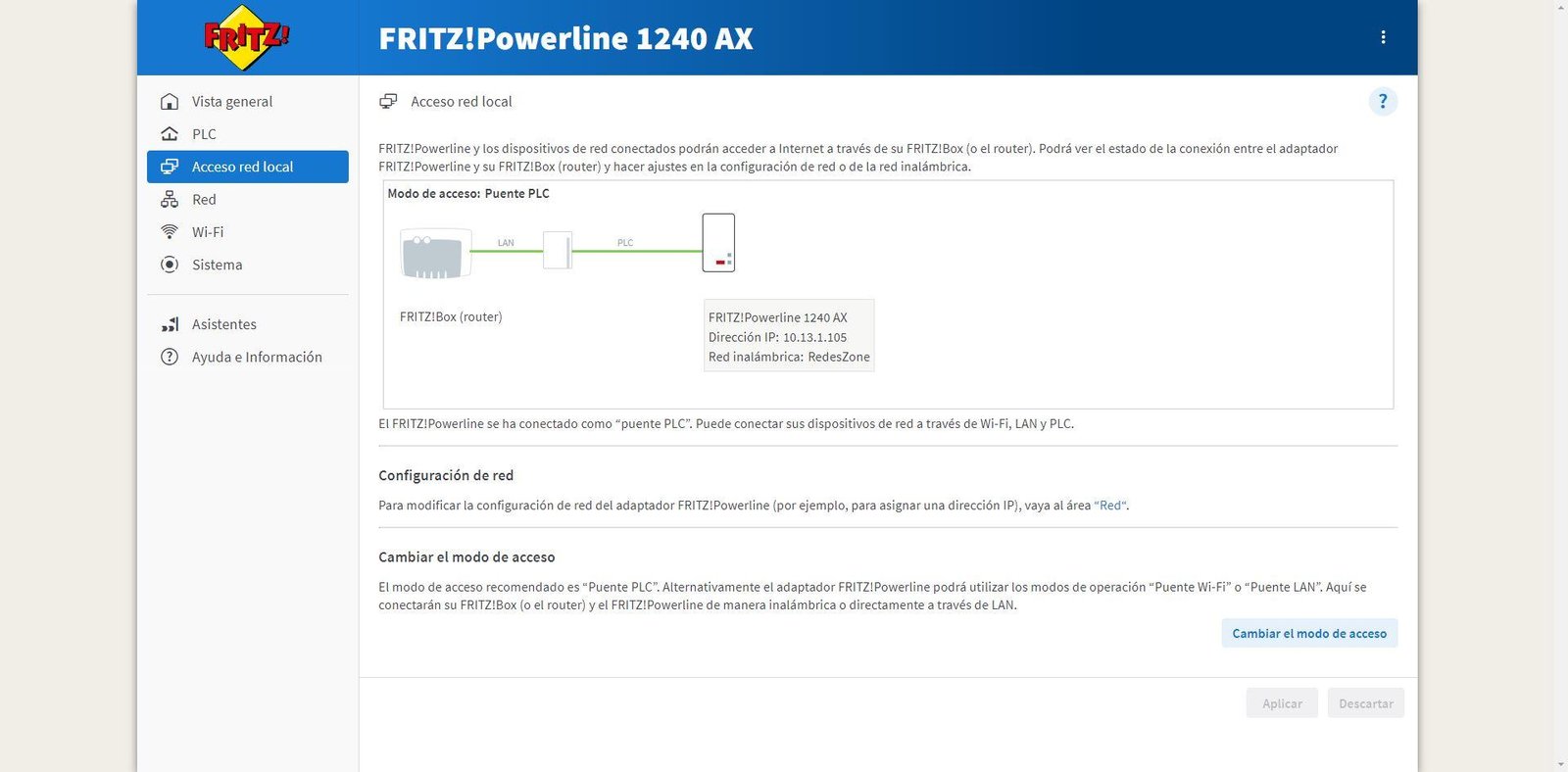 Cambiar modo funcionamiento PLC AVM FRITZ!Powerline 1240 AX