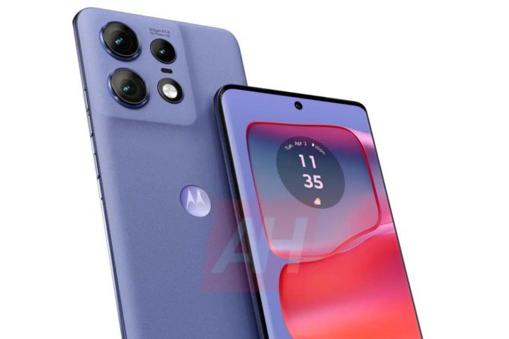 Un render filtrado del Motorola Edge Plus morado (2024), que muestra la parte delantera y trasera del teléfono.