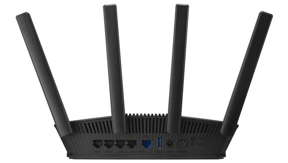 Trasera del router ASUS RT-BE58U con todos los puertos y botones