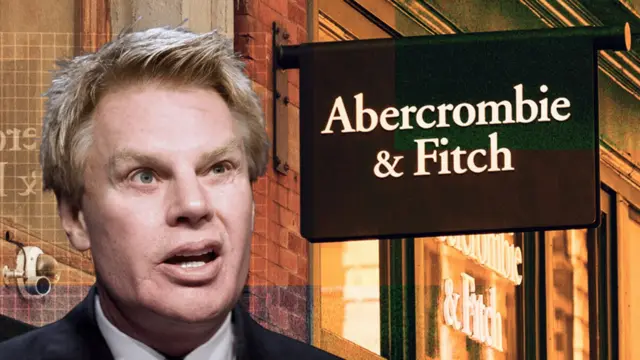 Montaje del rostro de Mike Jeffries frente a una tienda de Abercrombie & Fitch.