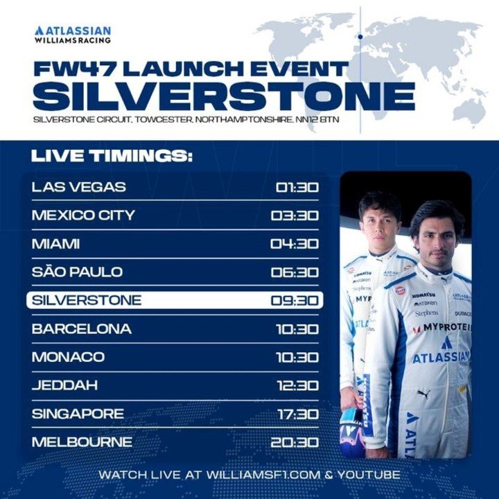 Horarios de la presentación de Williams este 14 de febrero. (@WilliamsRacing)