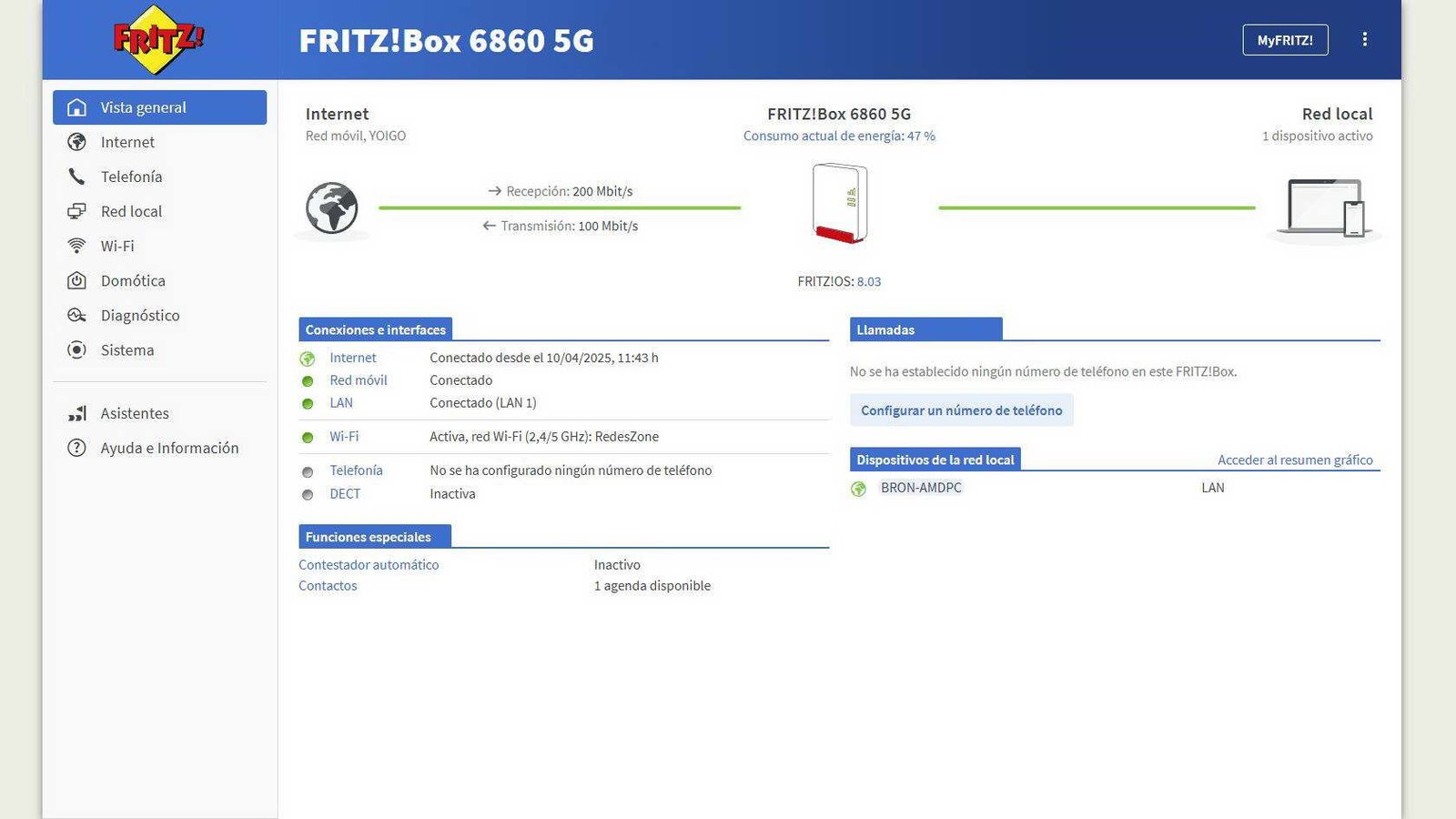 Panel principal de FRITZ!OS en el FRITZ!Box 6860 5G mostrando conexión 5G activa con velocidad de descarga de 200Mbps y subida de 100Mbps.
