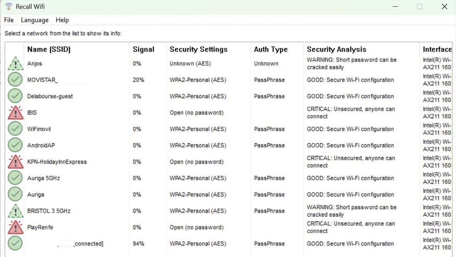 Lista de redes Wi-Fi de Recall WiFi