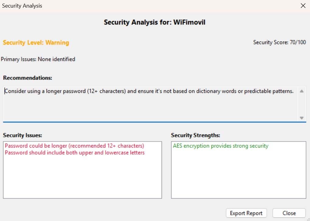 Captura de pantalla de Recall WiFi, analizando la seguridad de una contraseña