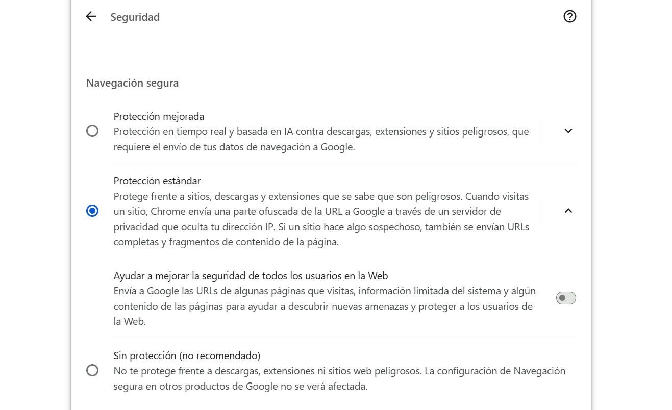 Interfaz de la Protección mejorada, en Chrome