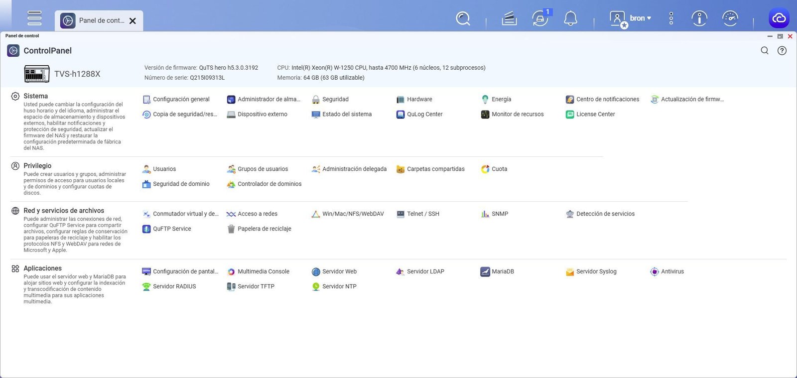 Vista de todas las opciones del panel de control general del sistema operativo QuTS hero h5.3.0