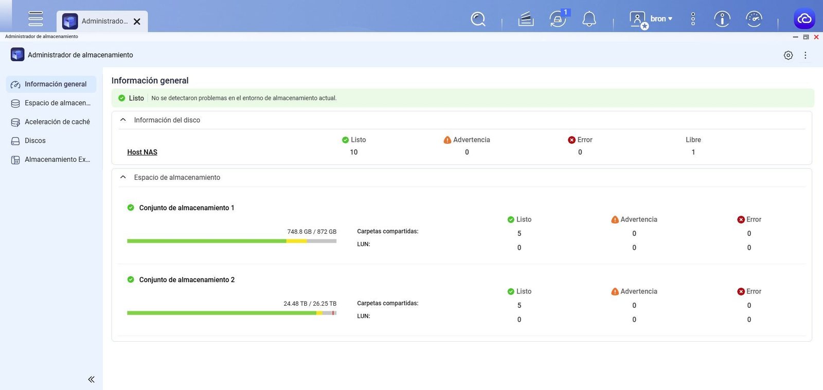 Panel principal del rediseñado Administrador de Almacenamiento en QuTS hero h5.3.0, con vista general de los conjuntos de almacenamiento y el estado de los discos.