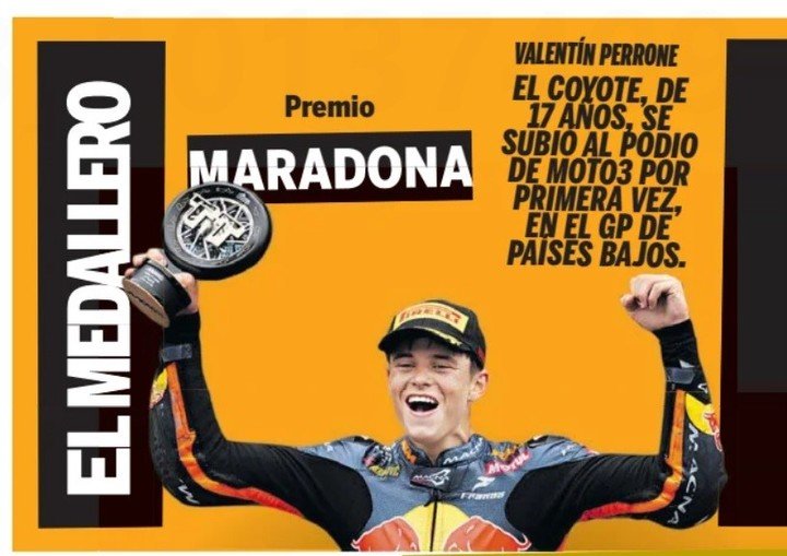 Valentín Perrone se quedó con el Premio Maradona por su podio en Moto3.