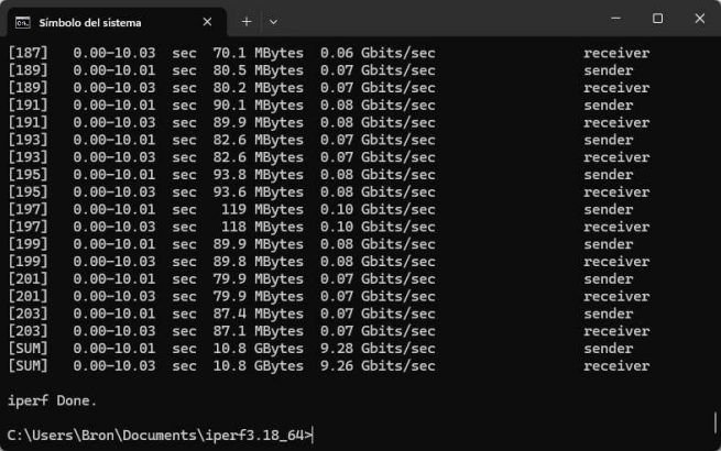 Rendimiento del switch QNAP QSW-3205-5T con los puertos 10G y MTU predeterminado en subida.