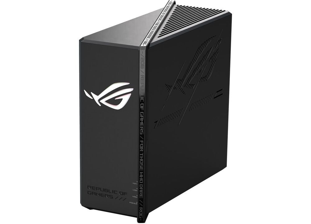 Vista en ángulo del router ASUS ROG Strix GS-BE18000, destacando las rejillas de ventilación y el acabado texturizado.