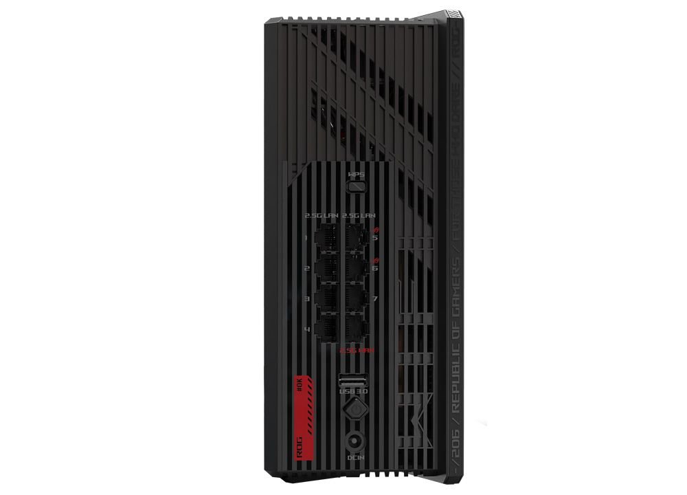 Panel de puertos trasero del router ASUS ROG Strix GS-BE18000, mostrando 8 puertos 2.5G Ethernet, el puerto USB 3.0 y la toma de corriente.