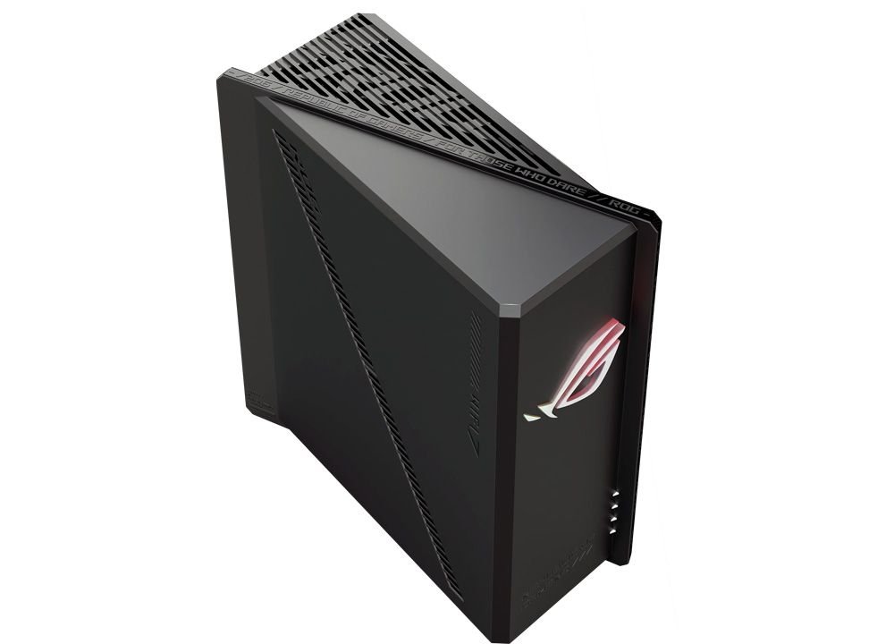 Vista cenital del router ASUS ROG Strix GS-BE18000 con el logo ROG iluminado en el centro de la carcasa.