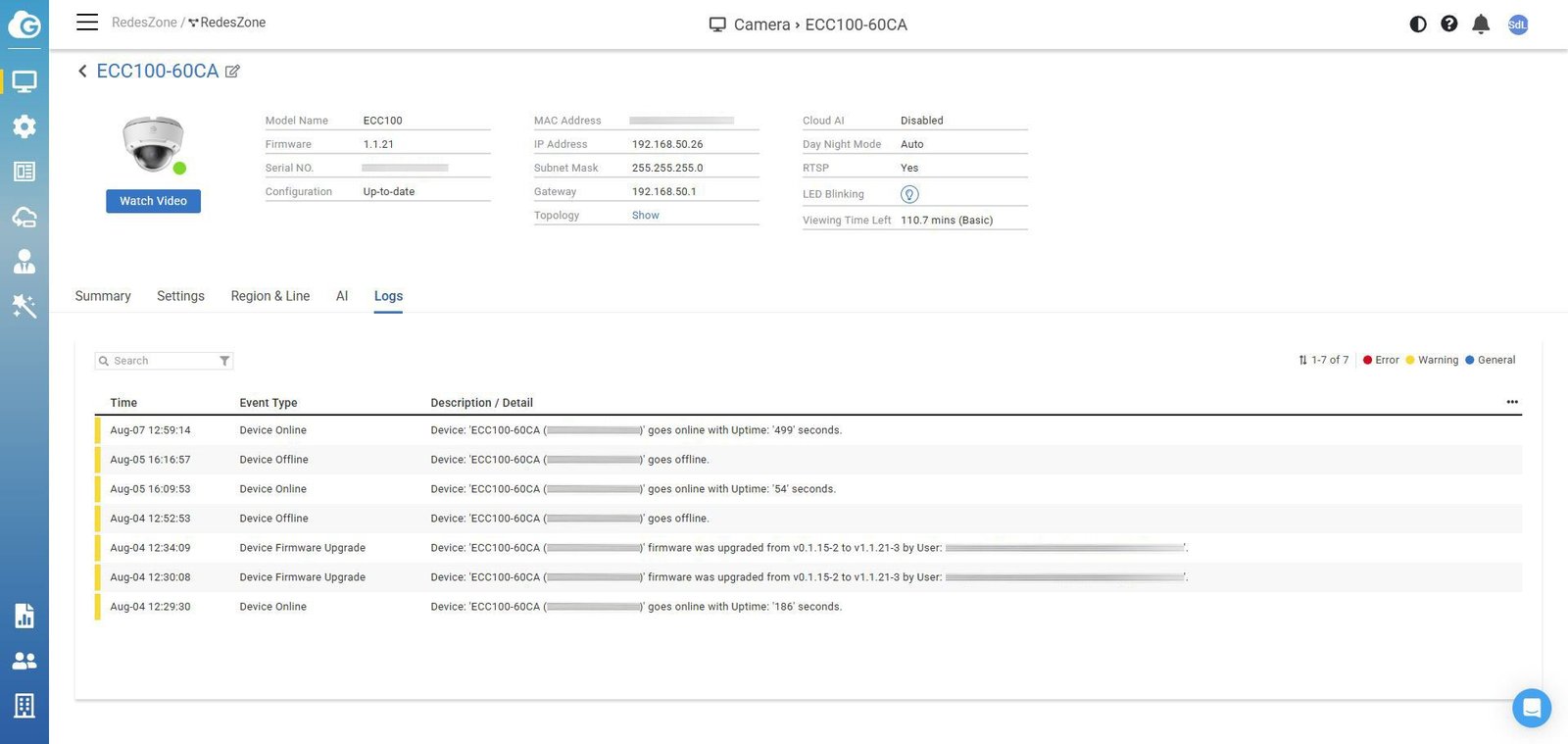 Registro de la gestión de la cámara IP EnGenius ECC100 en detalle.