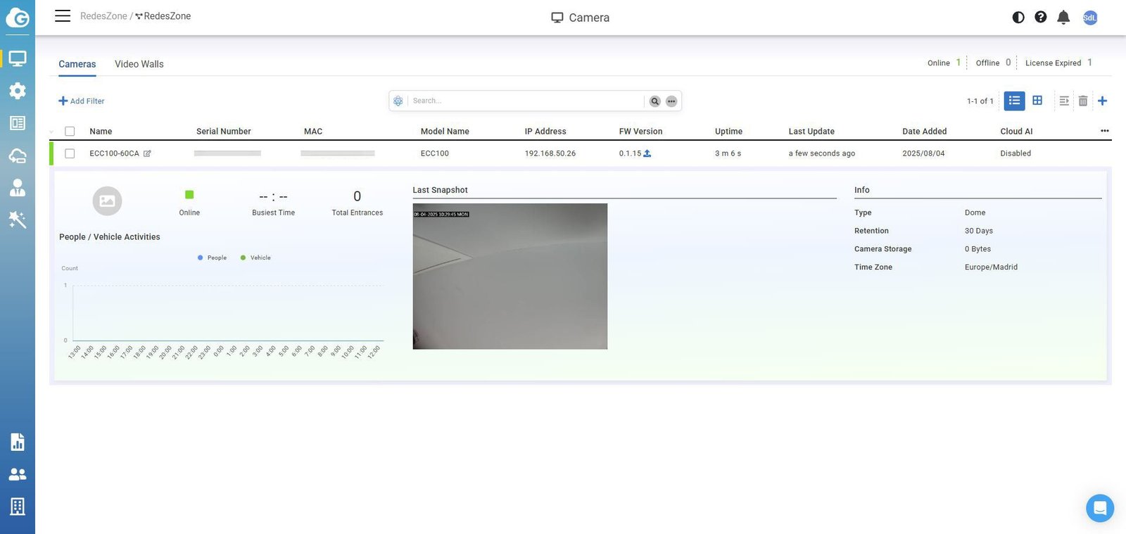 Cámara EnGenius ECC100 recién dada de alta en la plataforma en la nube.