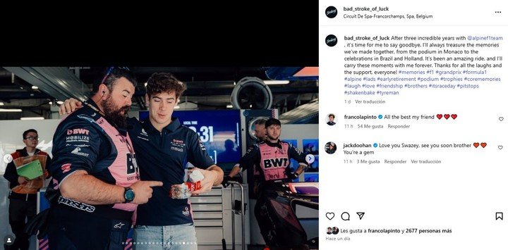 El mensaje de despedida de Francis Stokes, respondido por Franco Colapinto. 