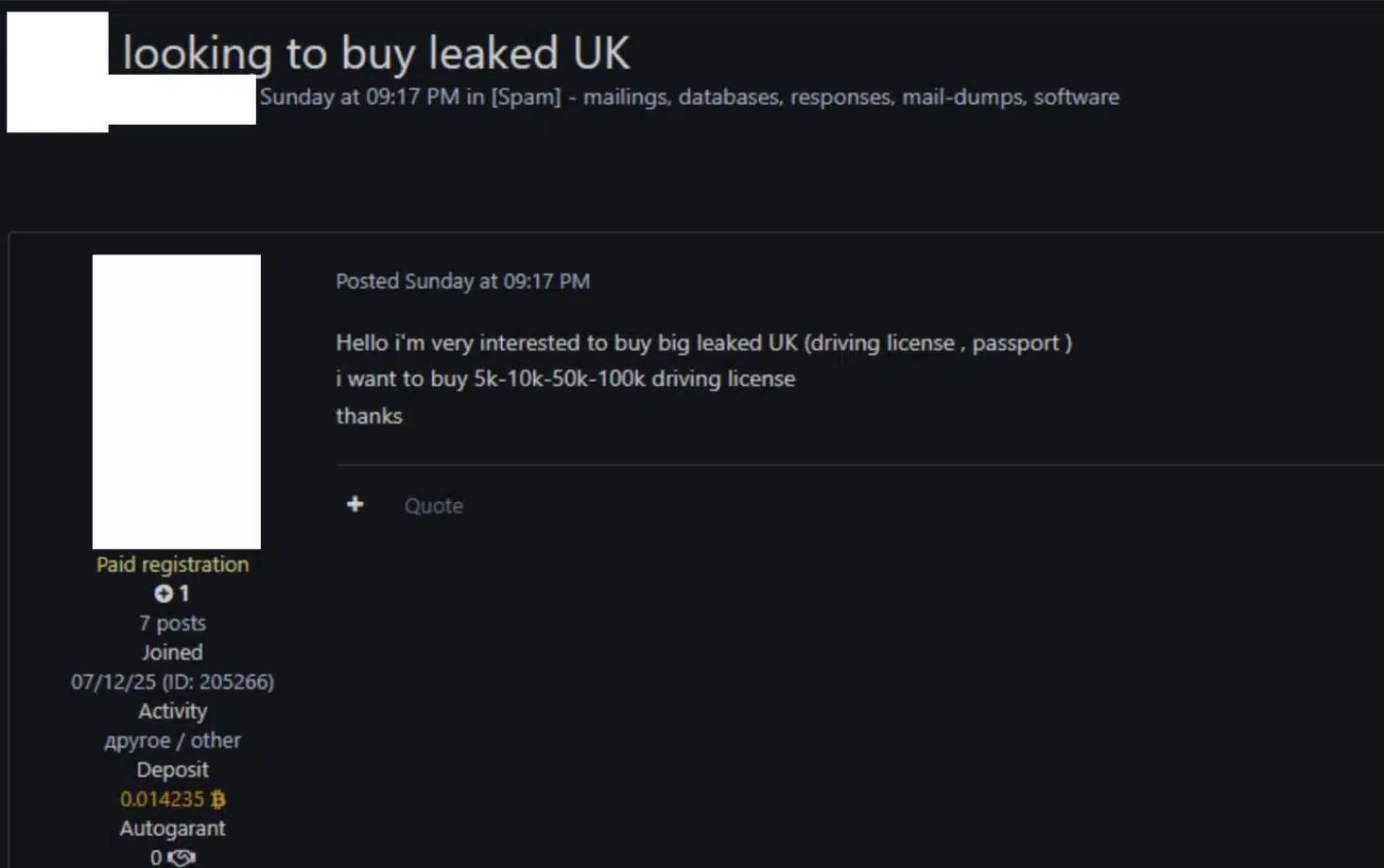 Imagen de un foro de la Dark Web donde una persona solicita comprar miles de permisos de conducir falsos