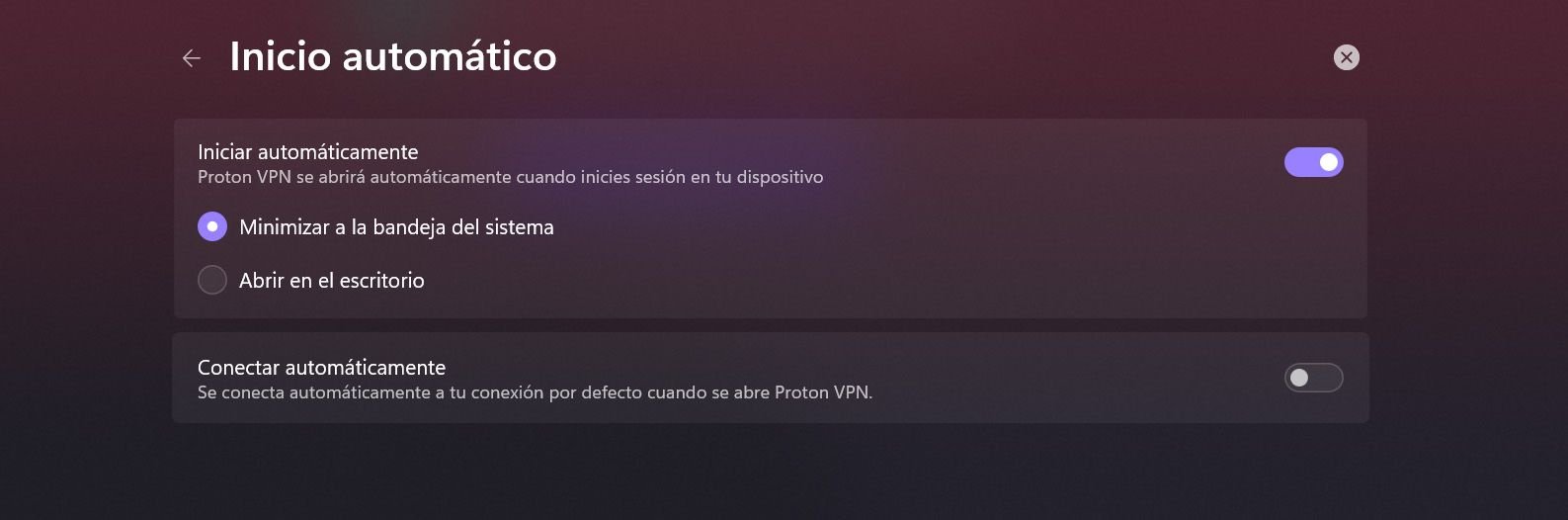 Captura de pantalla del proceso para conectar automáticamente ProtonVPN