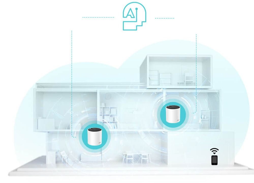 Diagrama de una red Wi-Fi Mesh en un hogar, con dos nodos TP-Link Deco X55 proporcionando cobertura unificada.