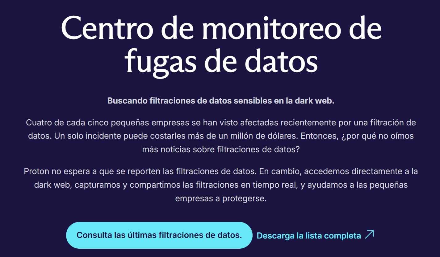 Captura del apartado de monitoreo de fugas de datos de Proton