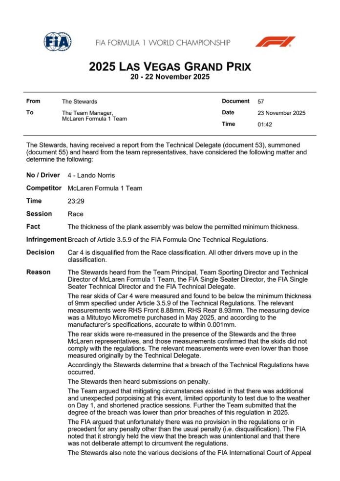 Bombazo en la Fórmula 1: los McLaren fueron descalificados, la lucha por el título está que arde y Colapinto subió dos posiciones