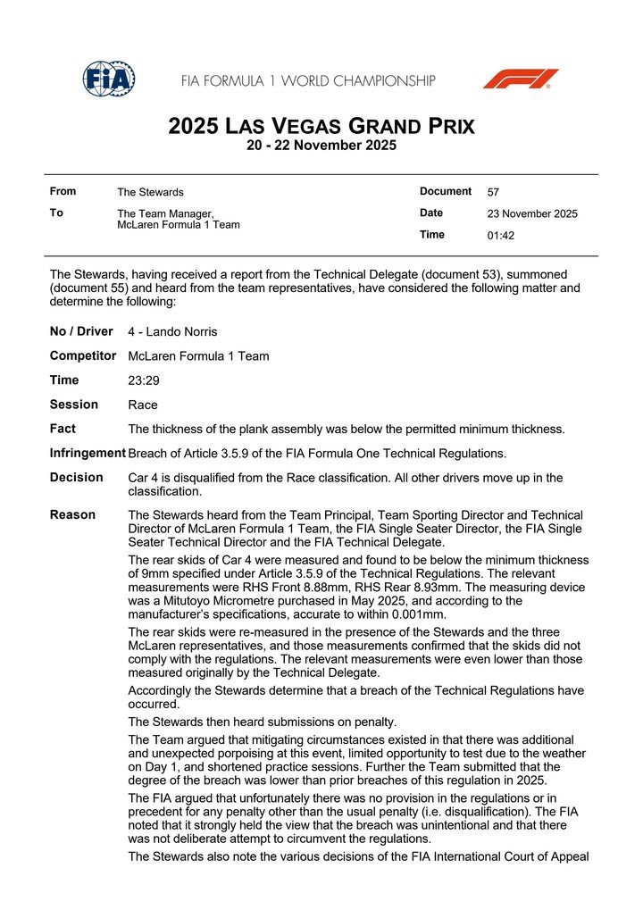 La descalificación de Lando Norris.