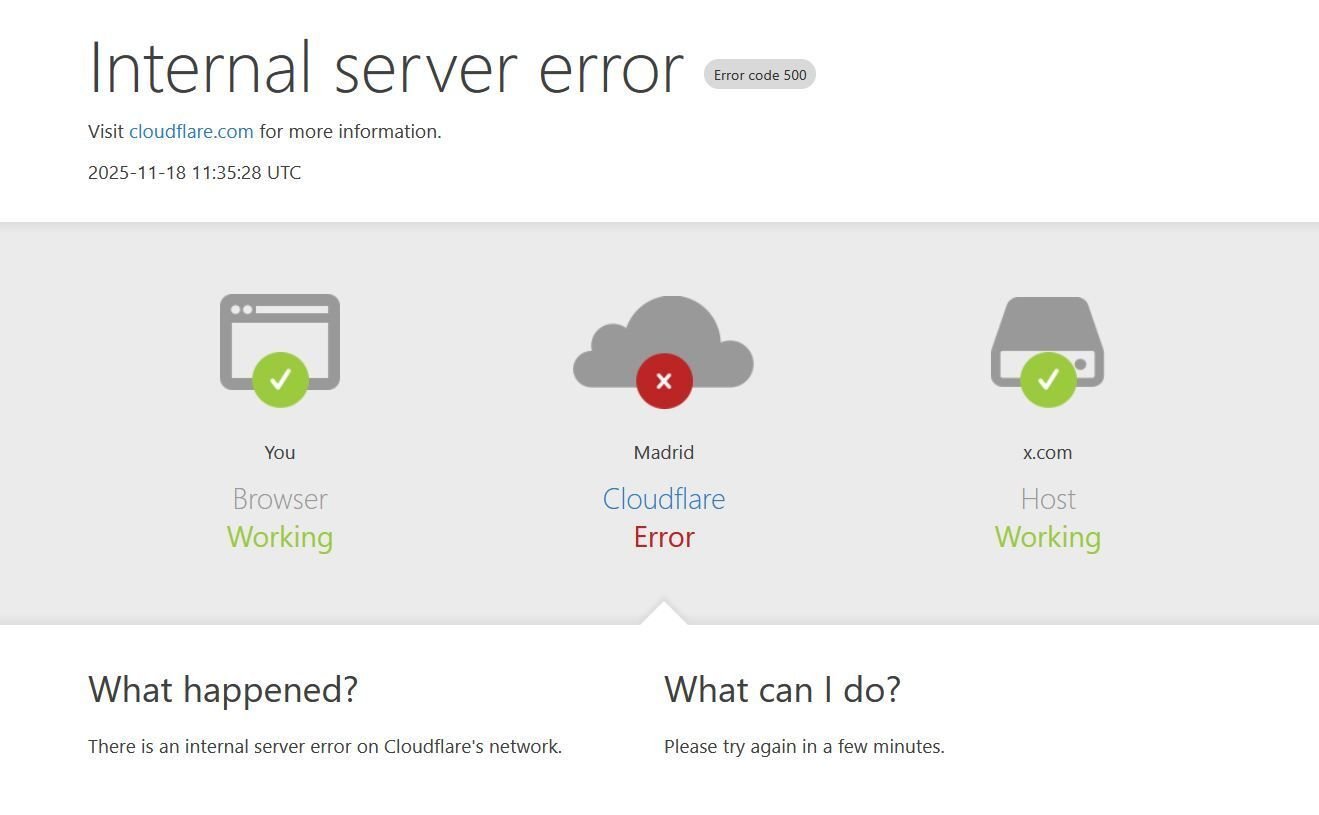 Imagen en la que aparece un mensaje de error interno de Cloudflare