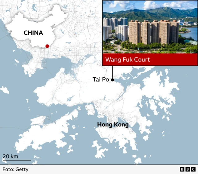 Mapa de la ubicación de Tai Po en Hong Kong. En el recuadro se muestra el complejo Wang Fuk Court antes del incendio.