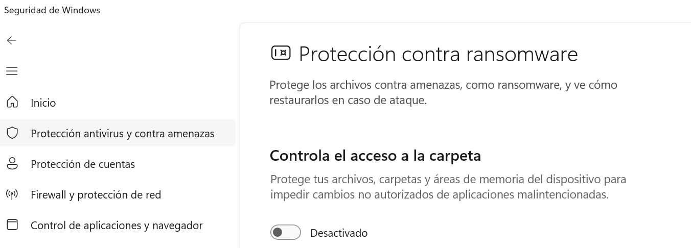 Imagen de la protección contra el ransomware en Windows