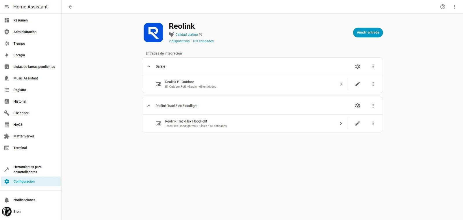 Listado de cámaras Reolink integradas en Home Assistant.