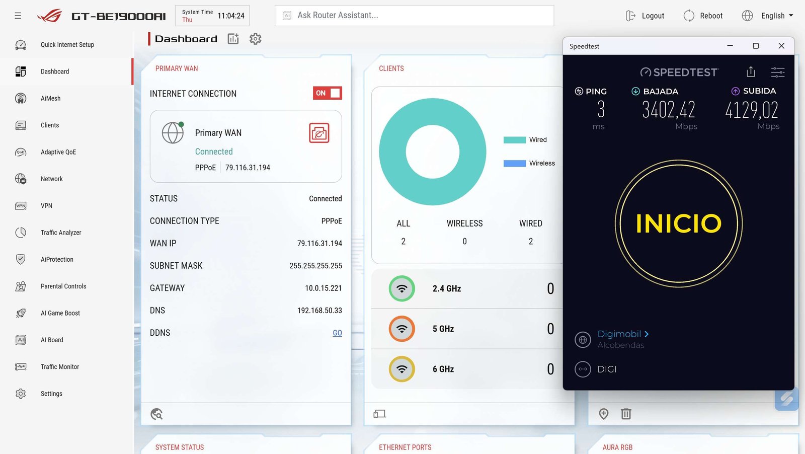 Captura de test de velocidad con el router ASUS GT-BE19000AI en una conexión DIGI 10G, mostrando un resultado de 3,4 Gbps de descarga y 4,1 Gbps de subida.