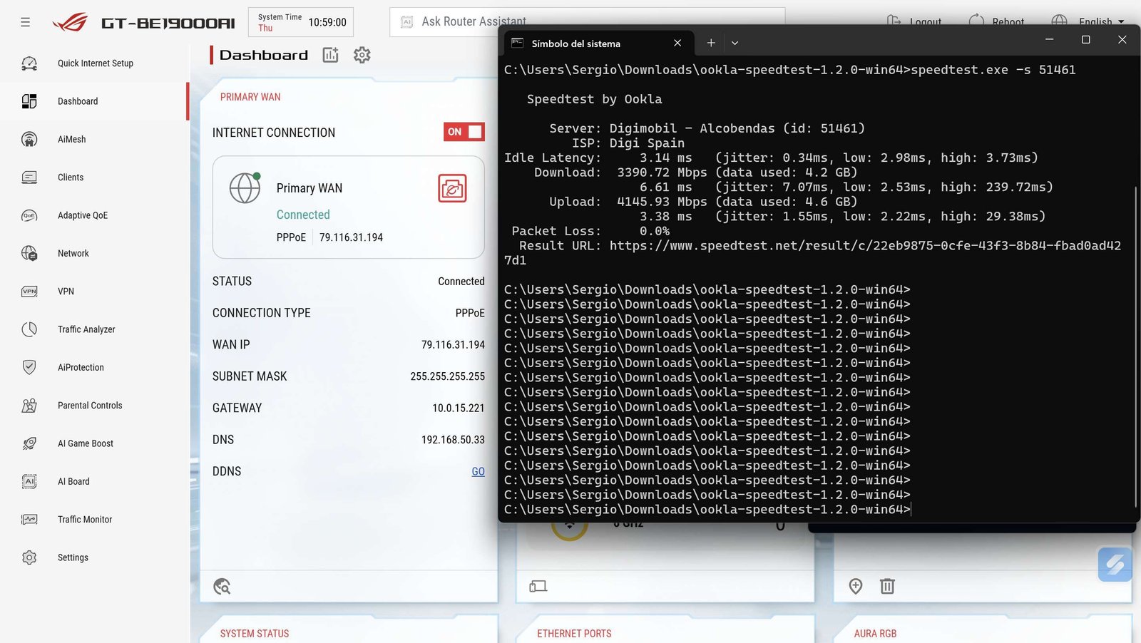 Captura de test de velocidad con el router ASUS GT-BE19000AI en una conexión DIGI 10G, mostrando un resultado de 3,4 Gbps de descarga y 4,1 Gbps de subida.