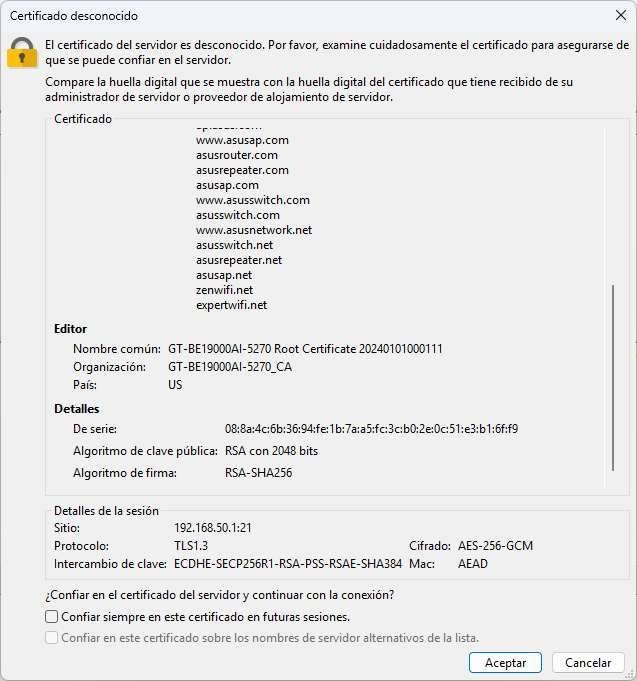 Configuración del servidor FTPES en el router ASUS GT-BE19000AI