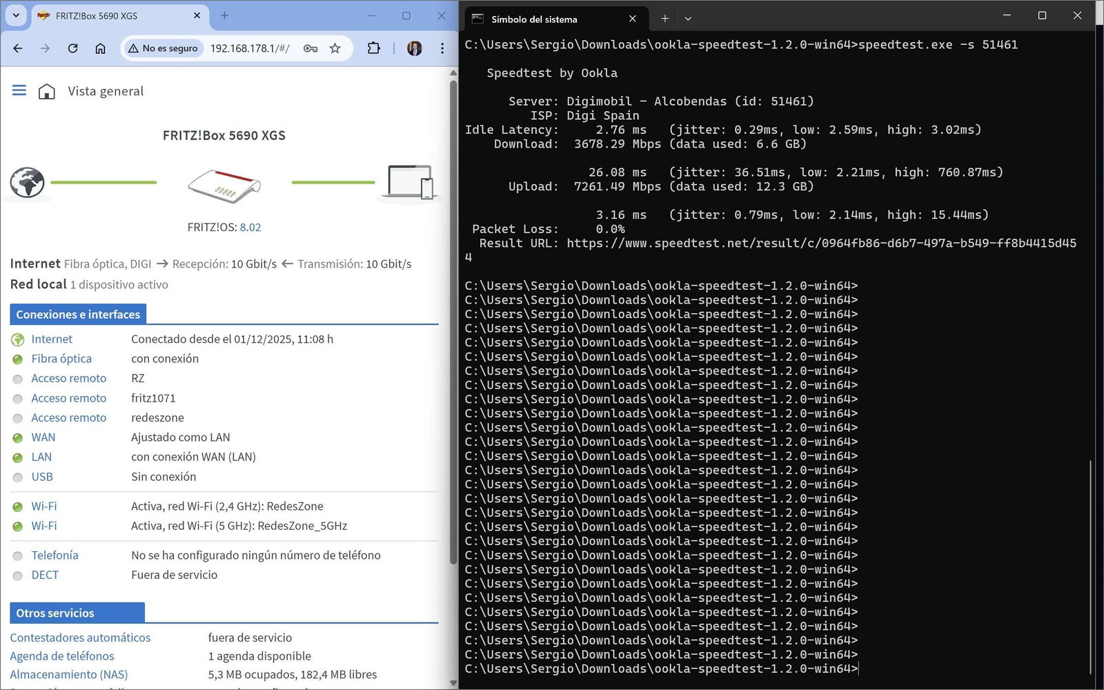Test de velocidad real de la conexión de DIGI 10G con el router FRITZ!Box 5690 XGS.