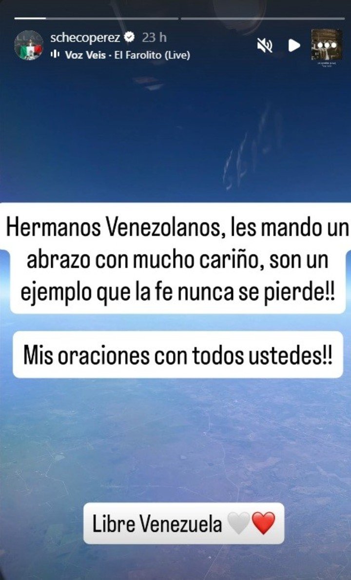 El mensaje de Checo Pérez en apoyo al pueblo venezolano tras la detención de Nicolás Maduro.
(@schecoperez en IG).