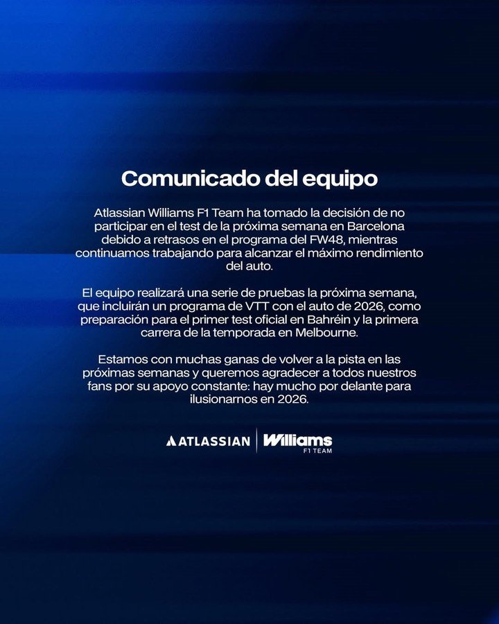 El comunicado de Williams sobre su ausencia en los test de pretemporada en Barcelona.