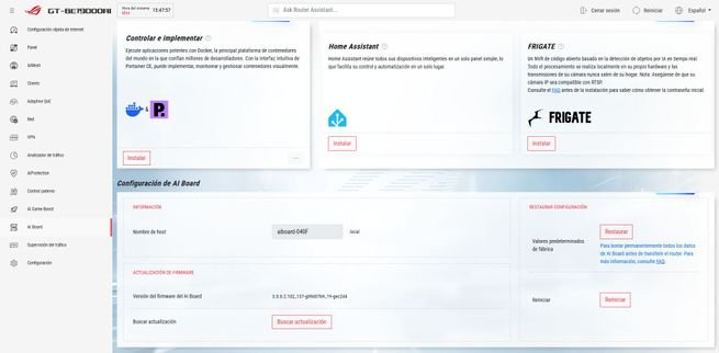 Menú de gestión y administración de los Docker en el ASUS GT-BE19000AI.