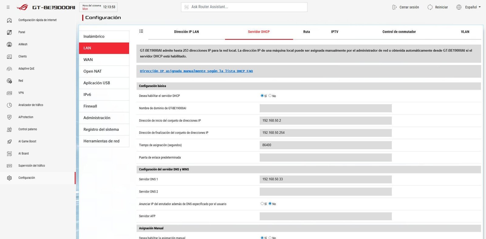 Configuración del servidor DHCP para usar los de AdGuard Home en el router ASUS GT-BE19000AI.
