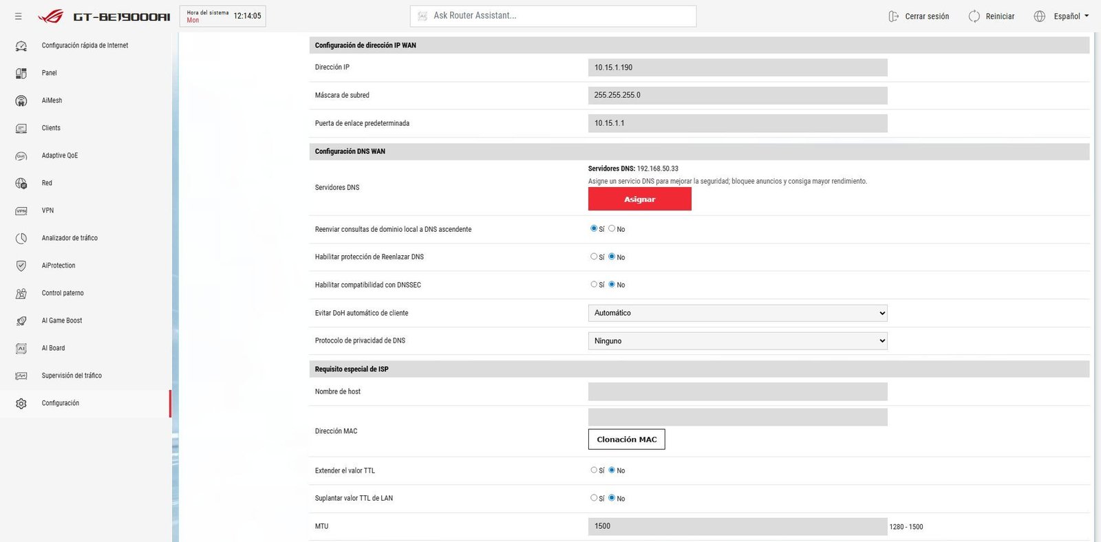 Configuración de los DNS del router ASUS GT-BE19000AI en la WAN.