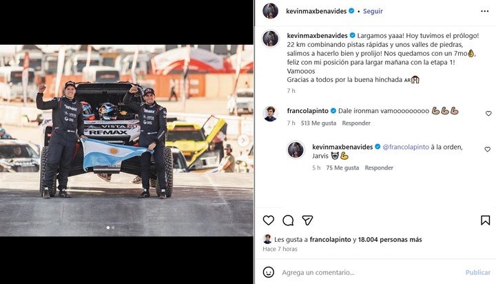 El comentario de Franco Colapinto y la respuesta de Kevin Benavides, quien está corriendo el Dakar. (IG)