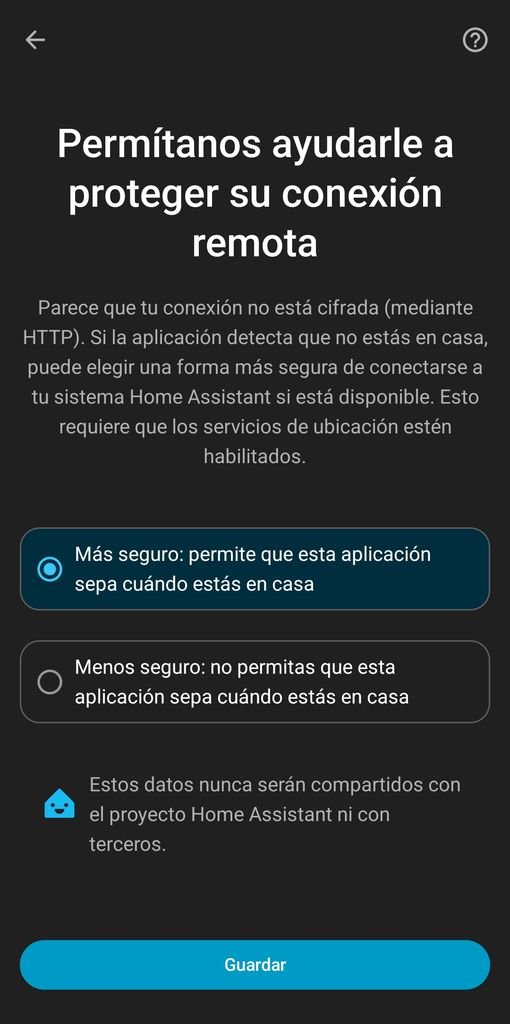 Detalle de las opciones de seguridad en Home Assistant: Más seguro (bloquea HTTP) y Menos seguro (permite conexiones inseguras).