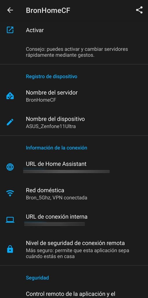 Menú de configuración del servidor en la app Home Assistant para Android, destacando la nueva opción Nivel de seguridad de la conexión remota.