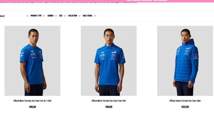Así se exhibe la nueva ropa de Alpine en la página web oficial de la escudería.