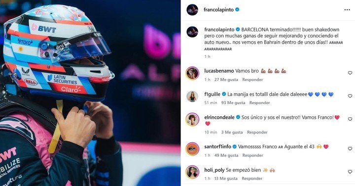 El posteo de Franco Colapinto tras los test de pretemporada en Barcelona y lo que viene en Bahrein.(@francolapinto en IG).