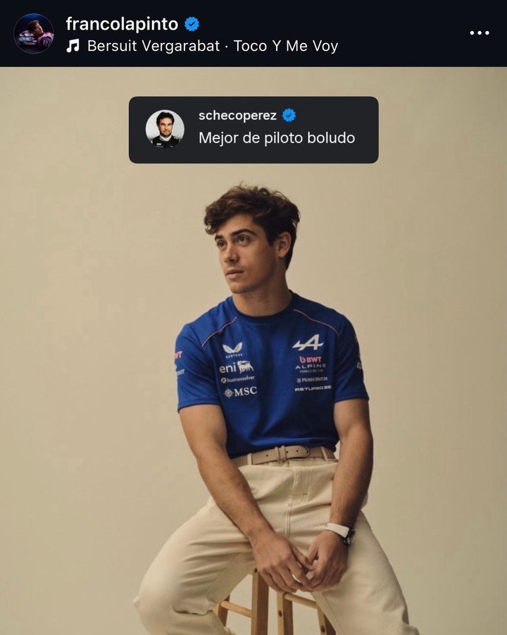 La graciosa respuesta de Checo Pérez al posteo de Franco Colapinto modelando. (@ColapintoFiles)