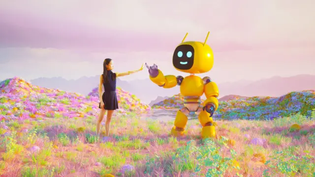 Una mujer toca su mano con la de un robot más grande que ella. Ambos están en un campo artificial creado por computadora.