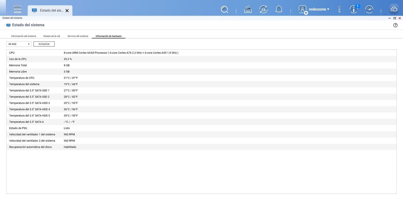Temperaturas del servidor NAS QNAP TS-AI642 sin carga de trabajo.