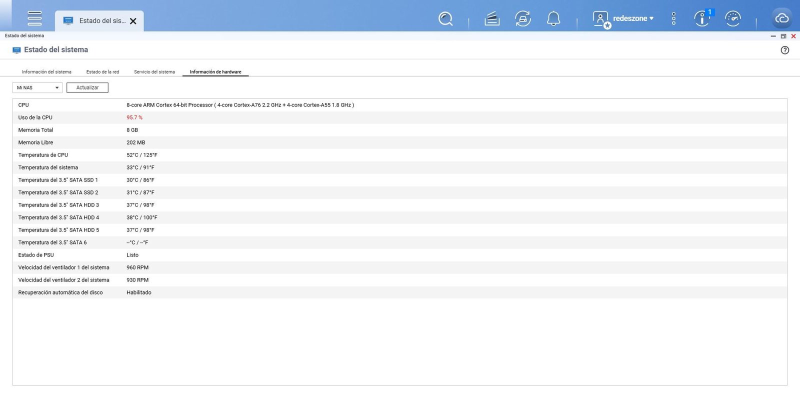 Temperaturas del servidor NAS QNAP TS-AI642 con carga de trabajo.